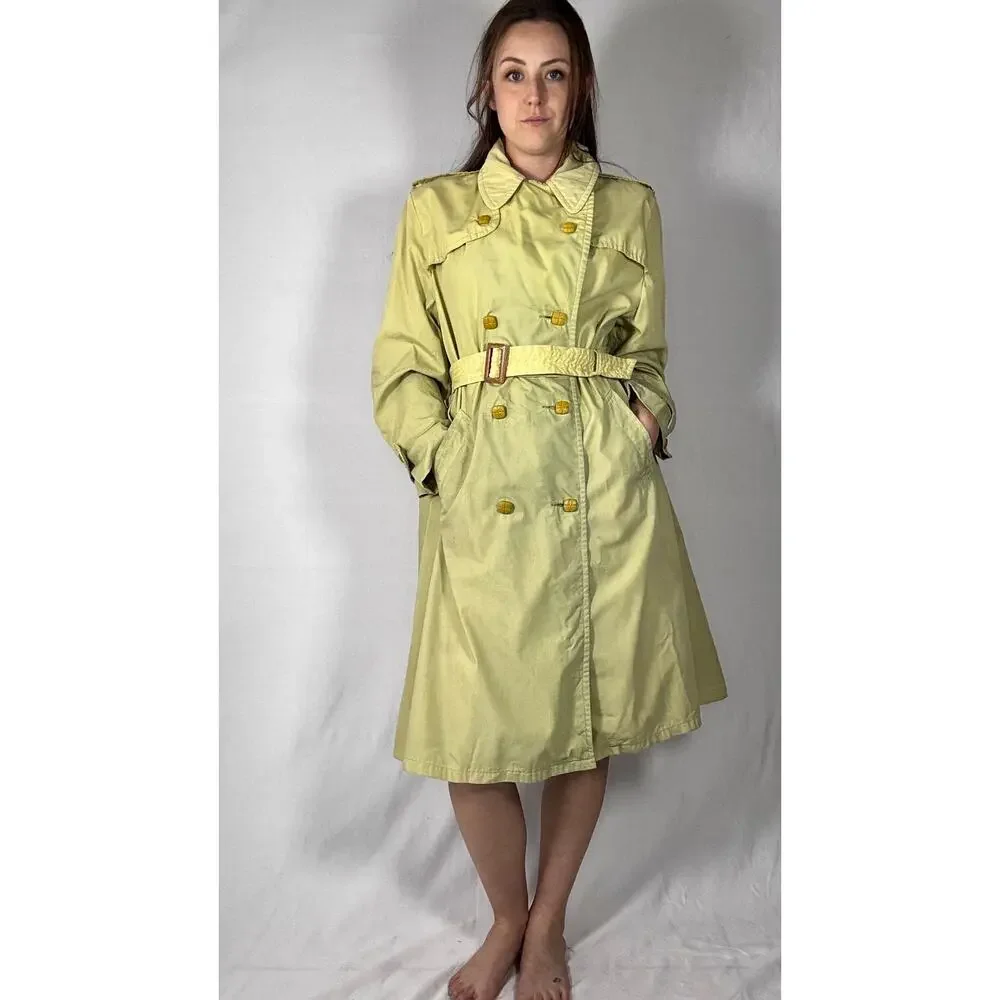 Vintage 1980s Hand Dyed Ombre Dip Dye Trench Coat Yellow Green Double Breasted